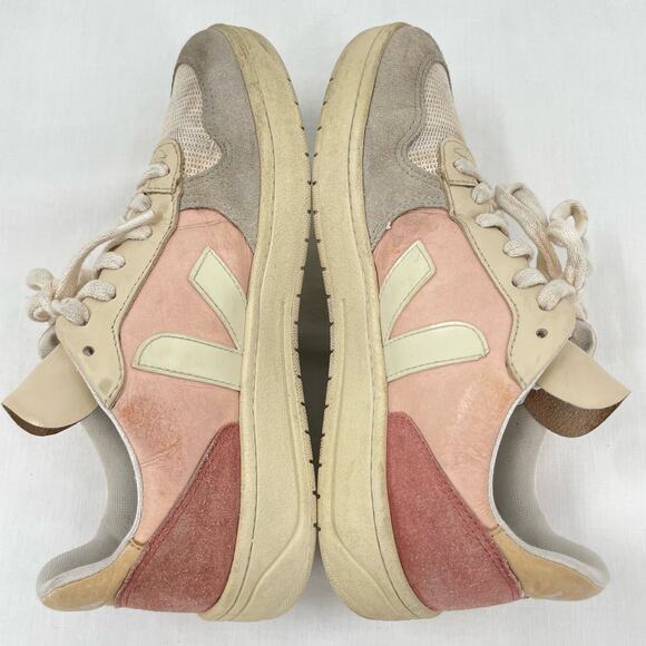 Veja V-10 Multico Nude Colorblock Sneakers Suede Leather Pink Blue Cream Size 8 - Picture 3 of 16